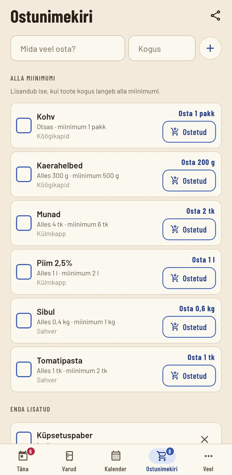 Ostunimekiri toodetest, mille kogus on alla miinimumi, koos ostetava kogusega.
