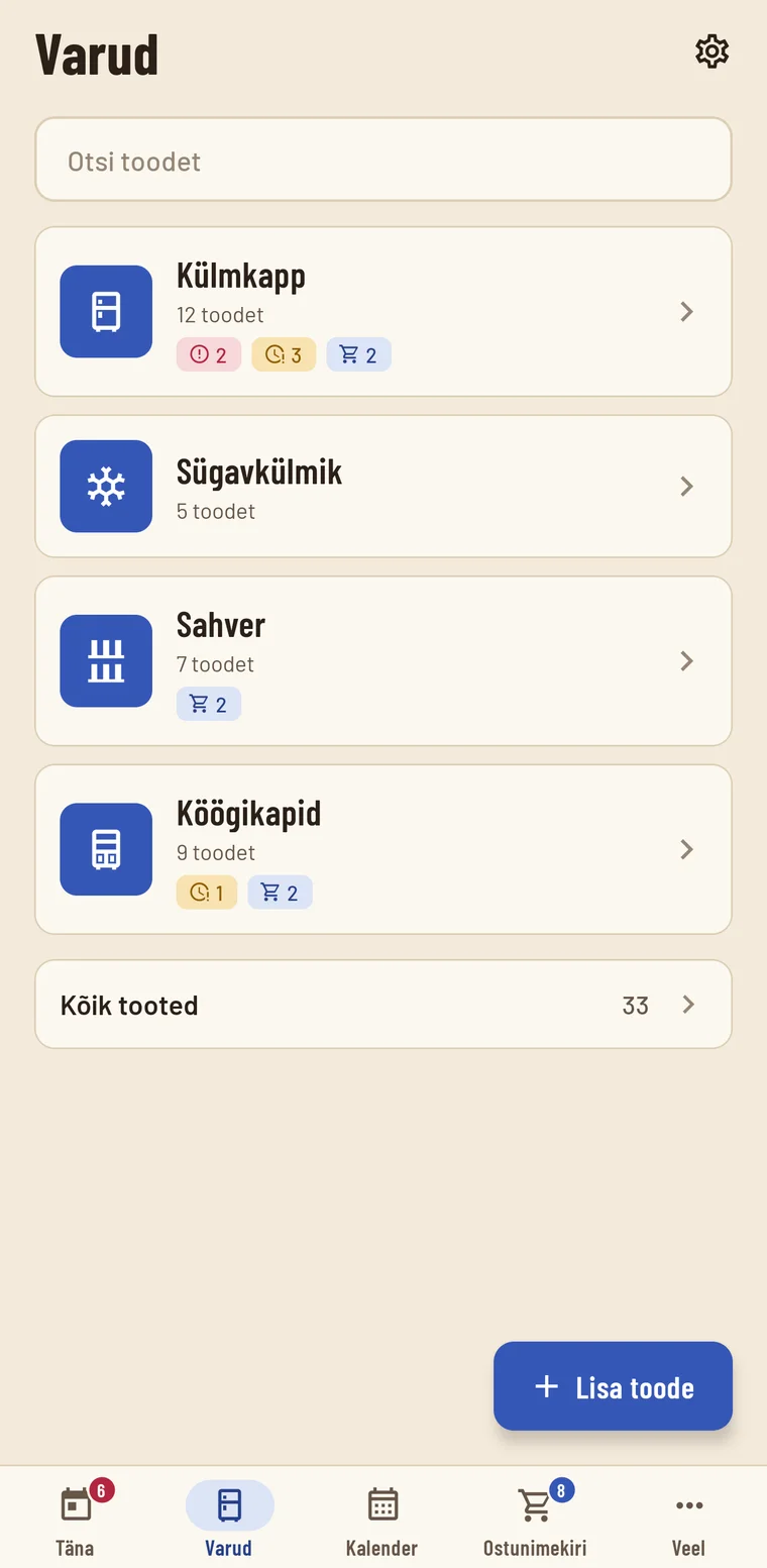 Varude vaade hoiukohtadega: külmkapp, sügavkülmik, sahver ja köögikapid koos toodete arvuga.